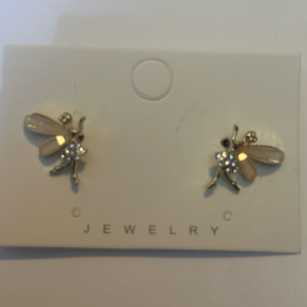 JTV Gold Bee Stud Earrings with Cream Wings and Crystal Accents